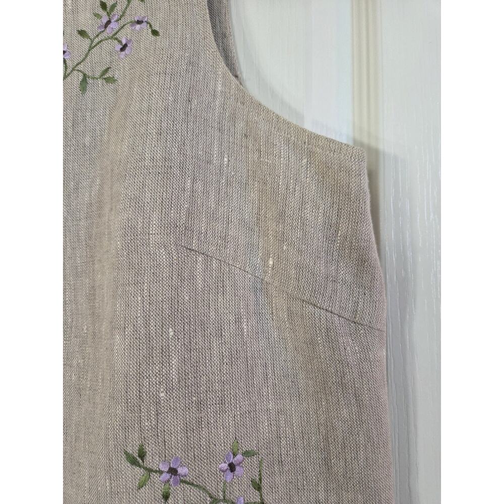 Talbots Classic 100% Linen Khaki Embroidered Floral Modest Mini Dress, Size 12P - Picture 7 of 15